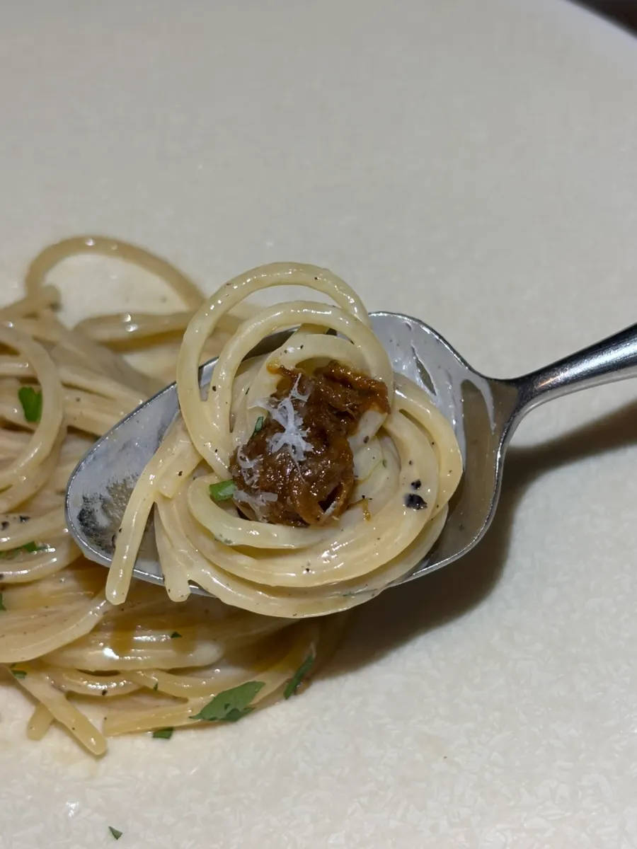 Spaghetti noodles well blended with the sauce