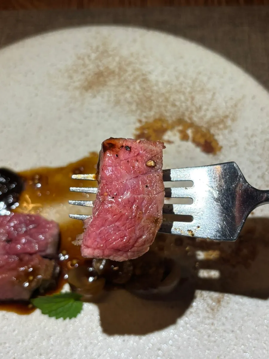 Korean beef striploin steak with black garlic and potato