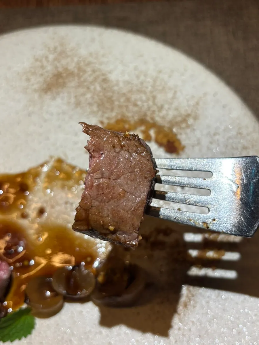 A sliced cross-section of the Korean beef striploin steak