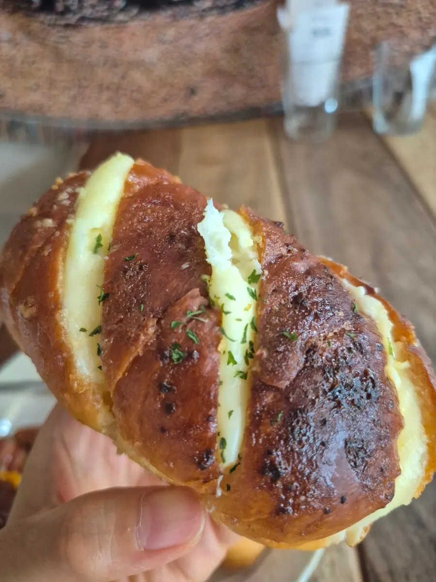 Close-up of the garlic cream cheese salt bread cross-section