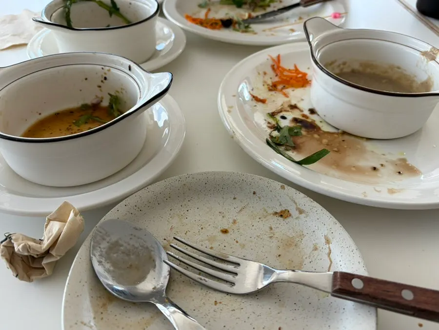 Empty brunch plates after finishing the meal