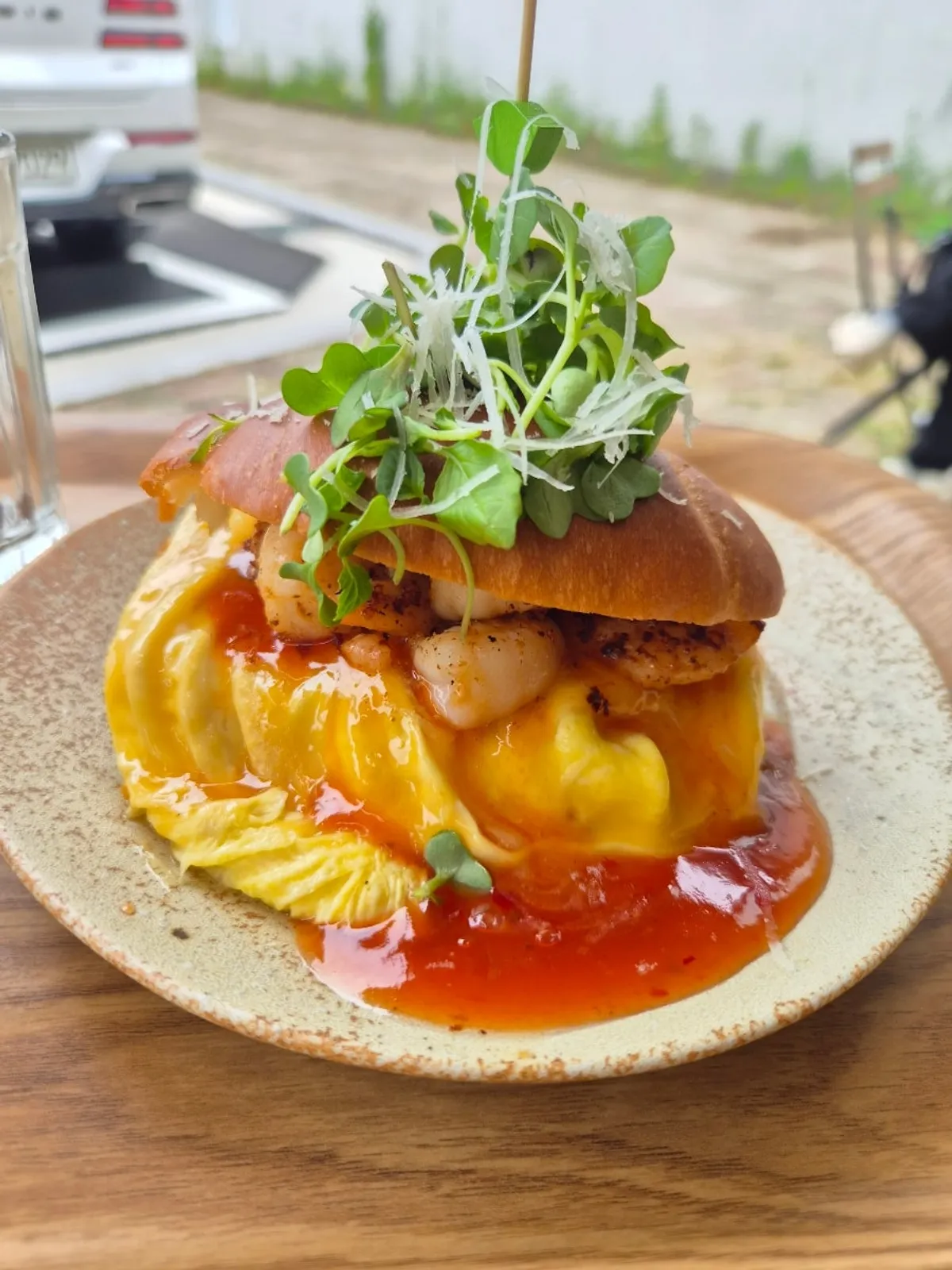 Freshly made, still-warm shrimp sandwich