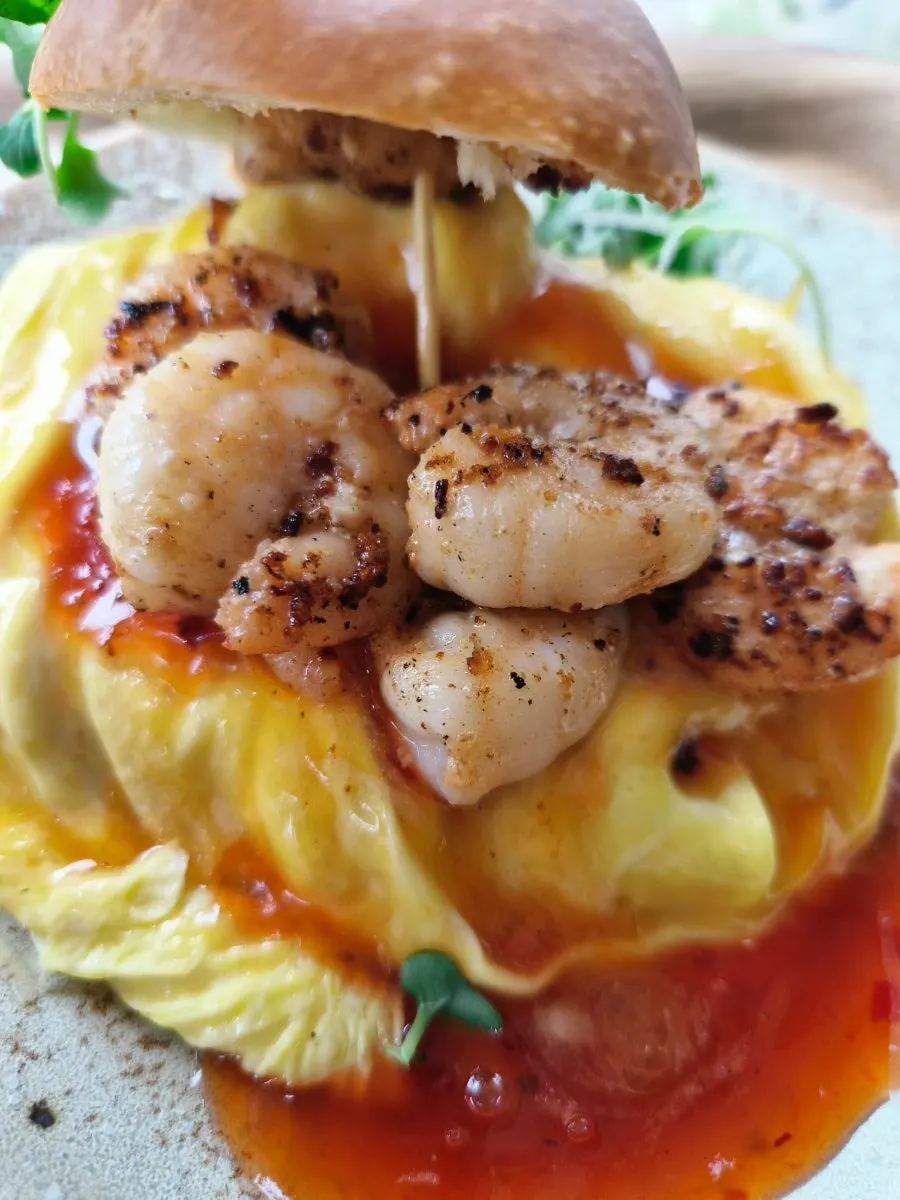 Golden-brown, plump grilled shrimp