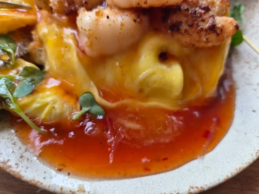 Egg and shrimp filling with chili sauce