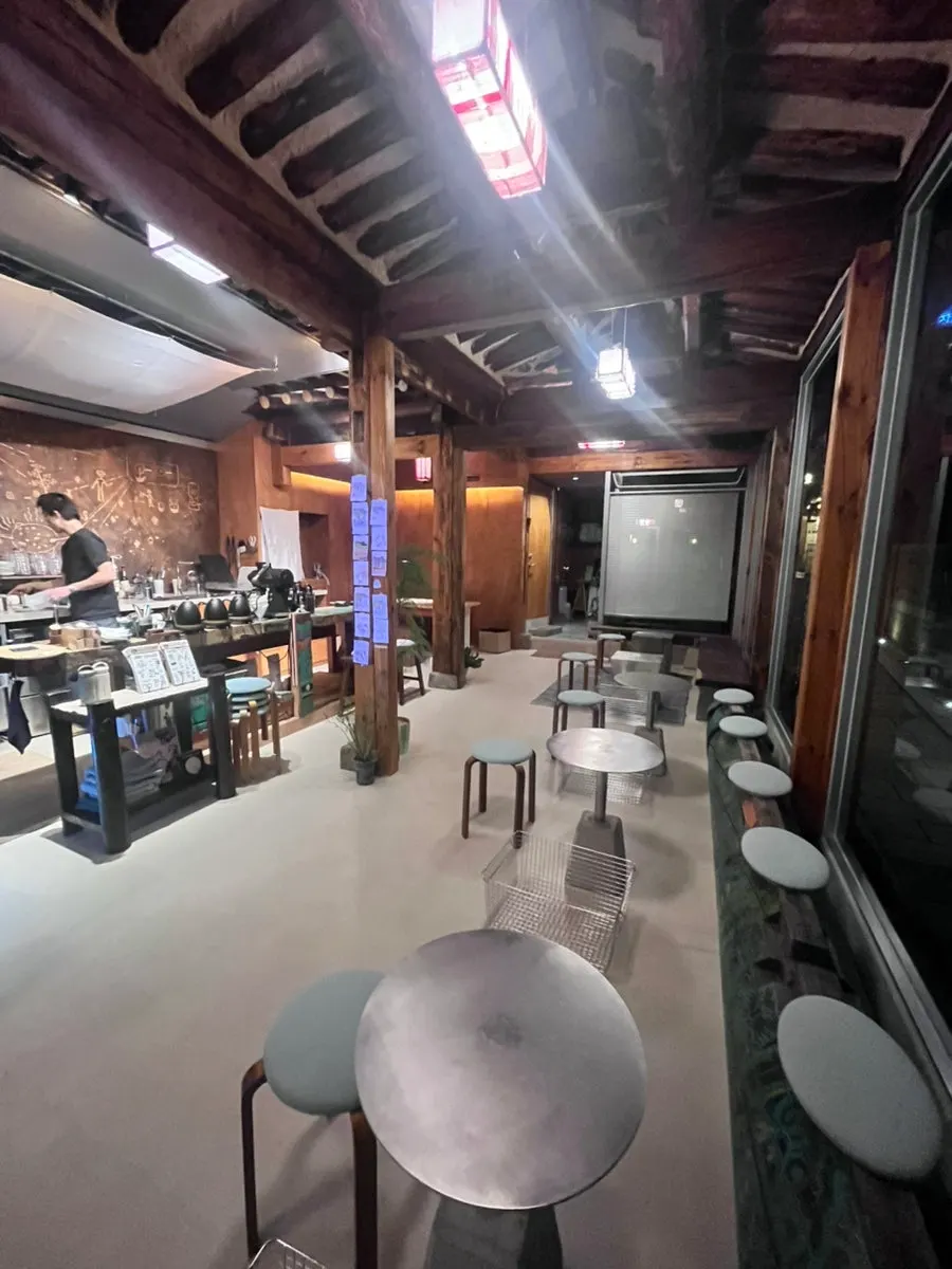 First-floor window table overlooking the Seochon neighborhood