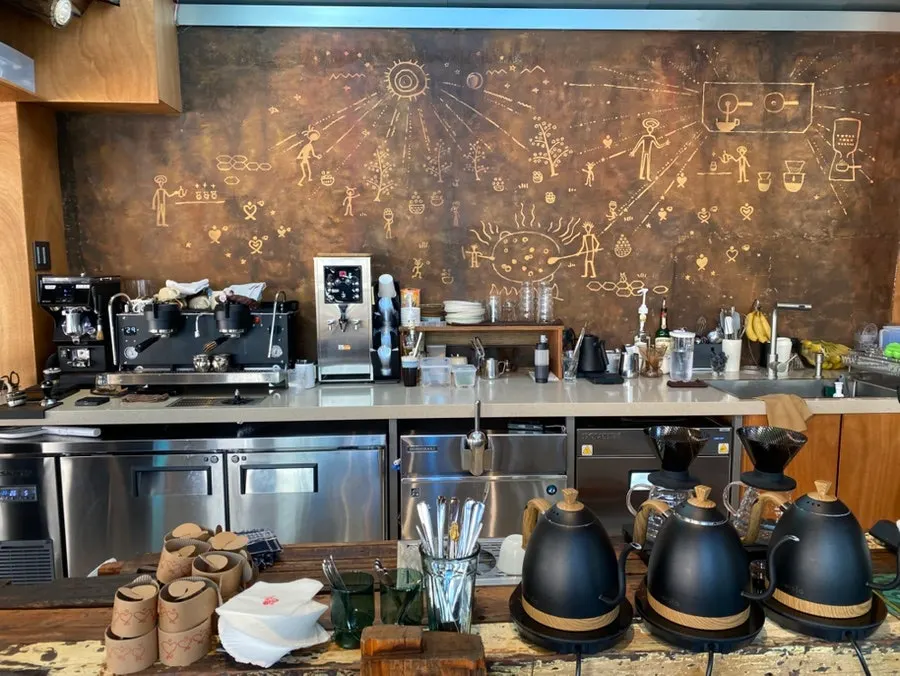 Café front with an Ancient Egypt-style mural