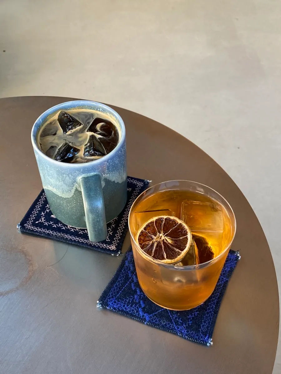 Drinks and coaster on a hanok table