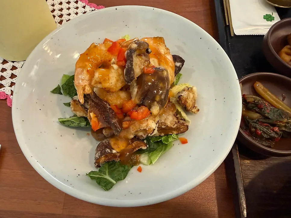 A plate of shiitake mushroom and plump shrimp gangjeong