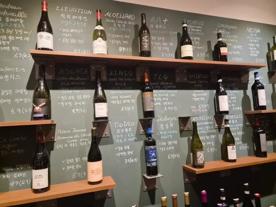 Wine shelf with price tags attached