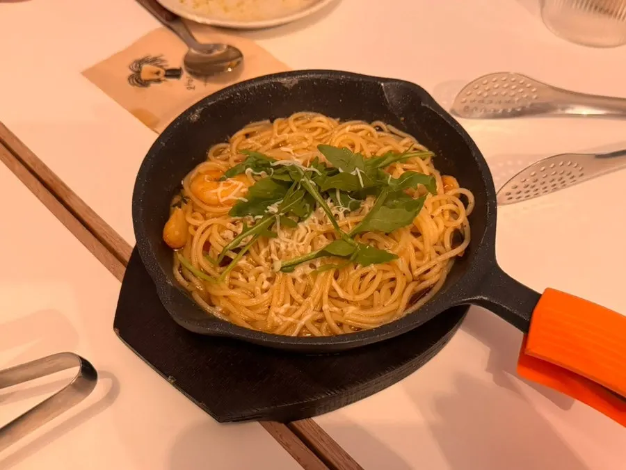 Added noodles for gambas oil pasta