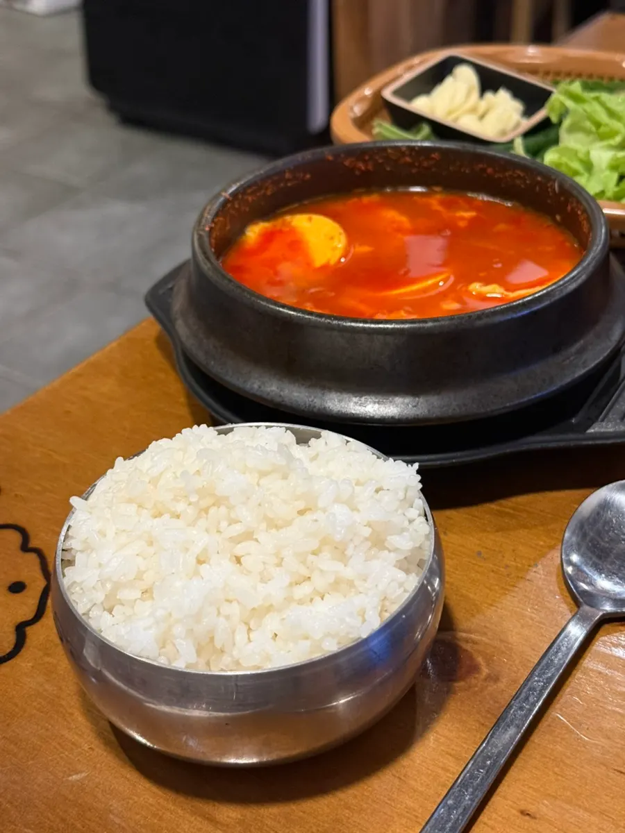 Sundubu jjigae with an added bowl of rice