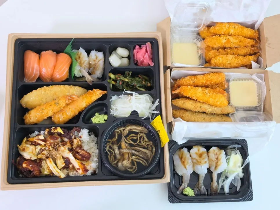 Takeout Jejju lunchbox and tempura spread at home