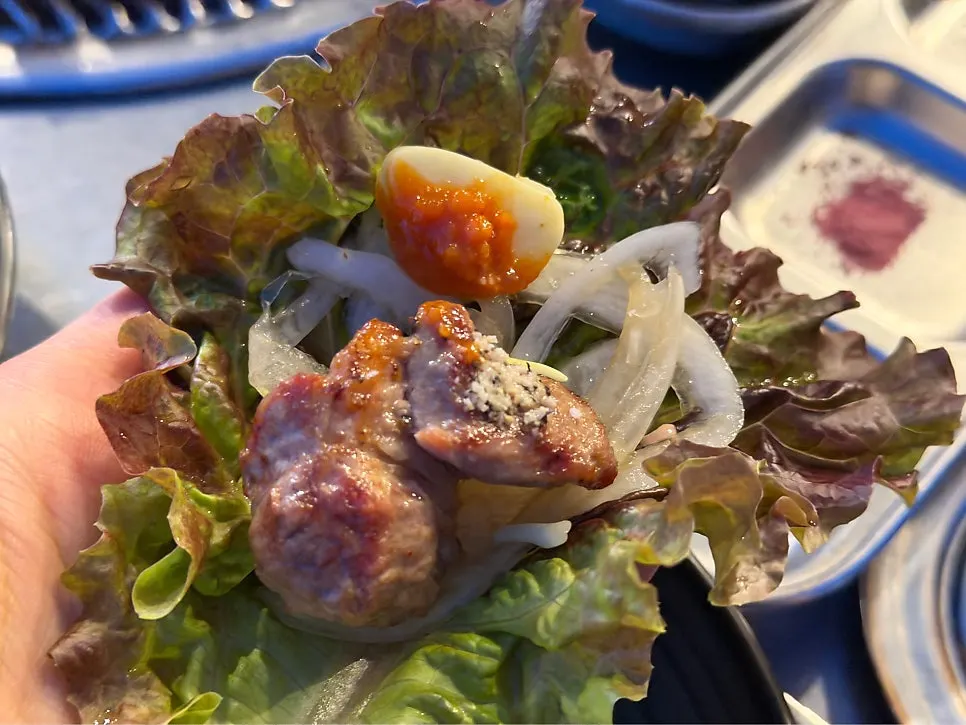 A lettuce wrap with black pork and pickled onion