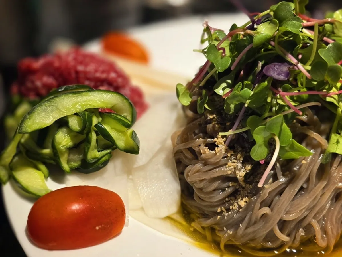 Perilla oil buckwheat noodles topped with yukhoe
