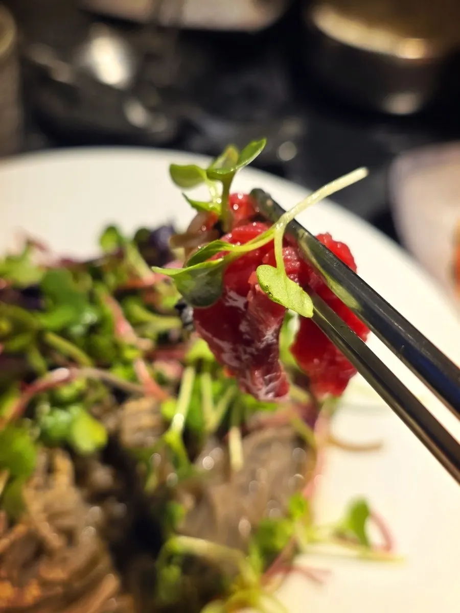 Close-up of the yukhoe topping on the noodles