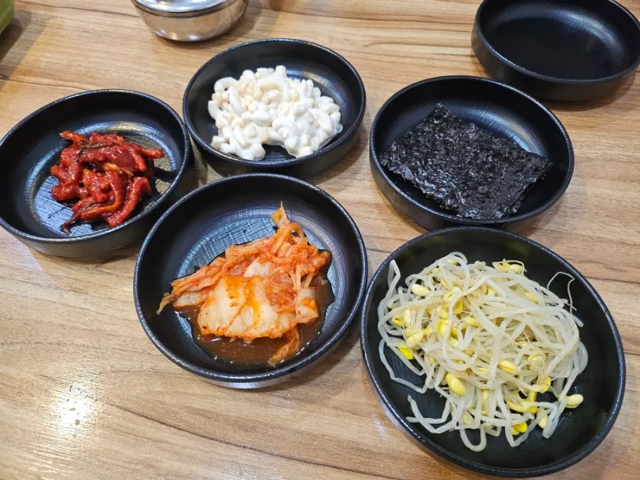 Table set after ordering the mild pork galbijjim for two