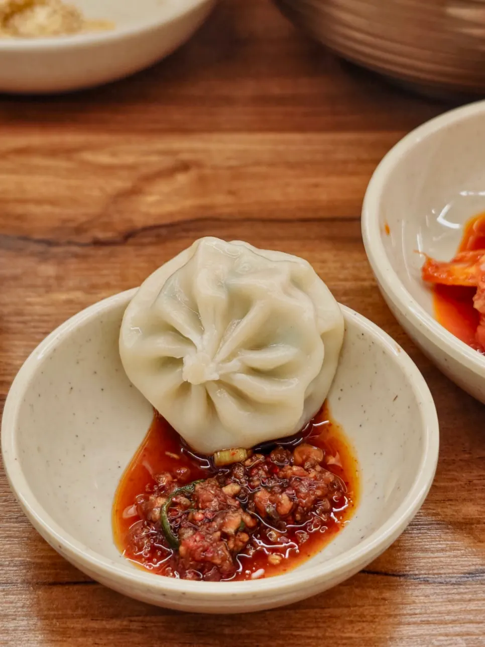 Cross-section of a gyoza dumpling with thin skin