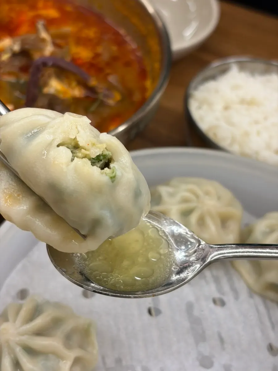 Cross-section of a gyoza dumpling packed with filling