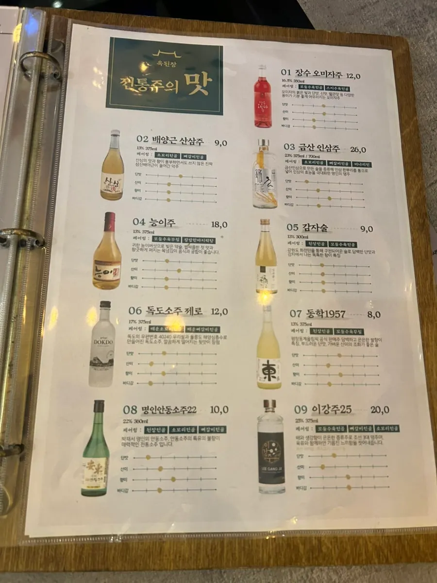 Alcohol menu board at Okdengjang Seohyeon Branch