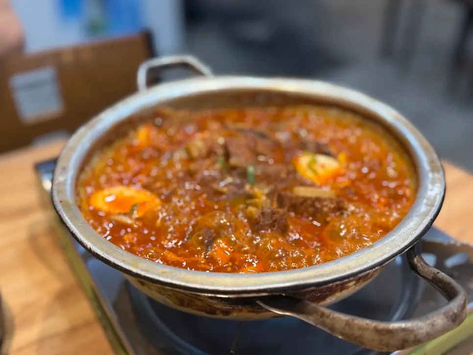 Pot of spicy galbijjim with reduced, thickened broth