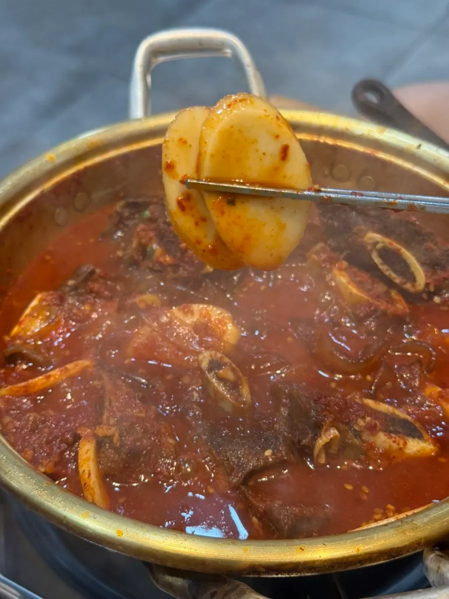 Dipping gimmari into the galbijjim sauce