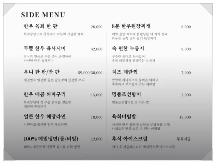 Sutbul Seonghwa's menu of hanwoo cuts