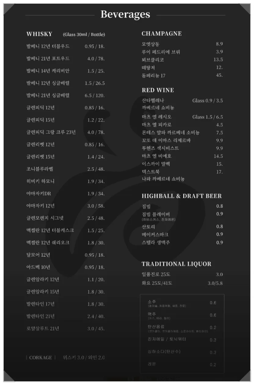 Menu page listing whiskey and side dishes