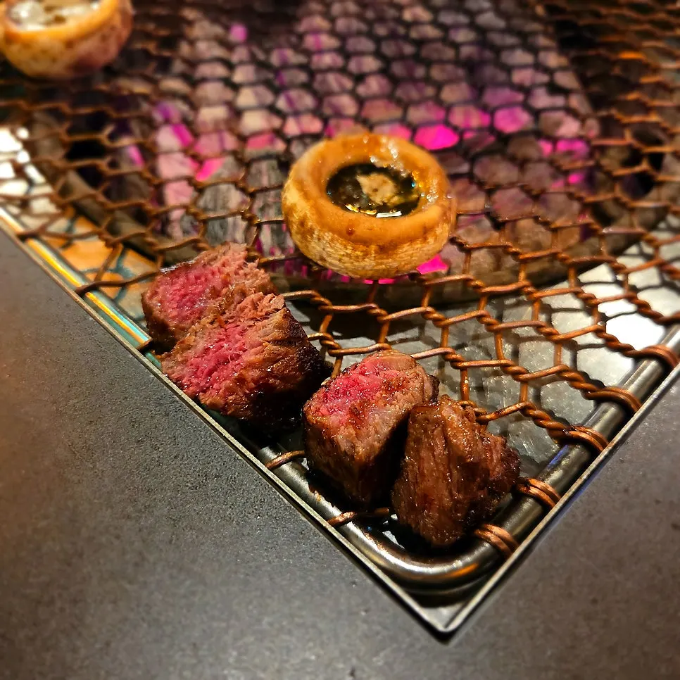 Cross-section of prime sirloin on the grill