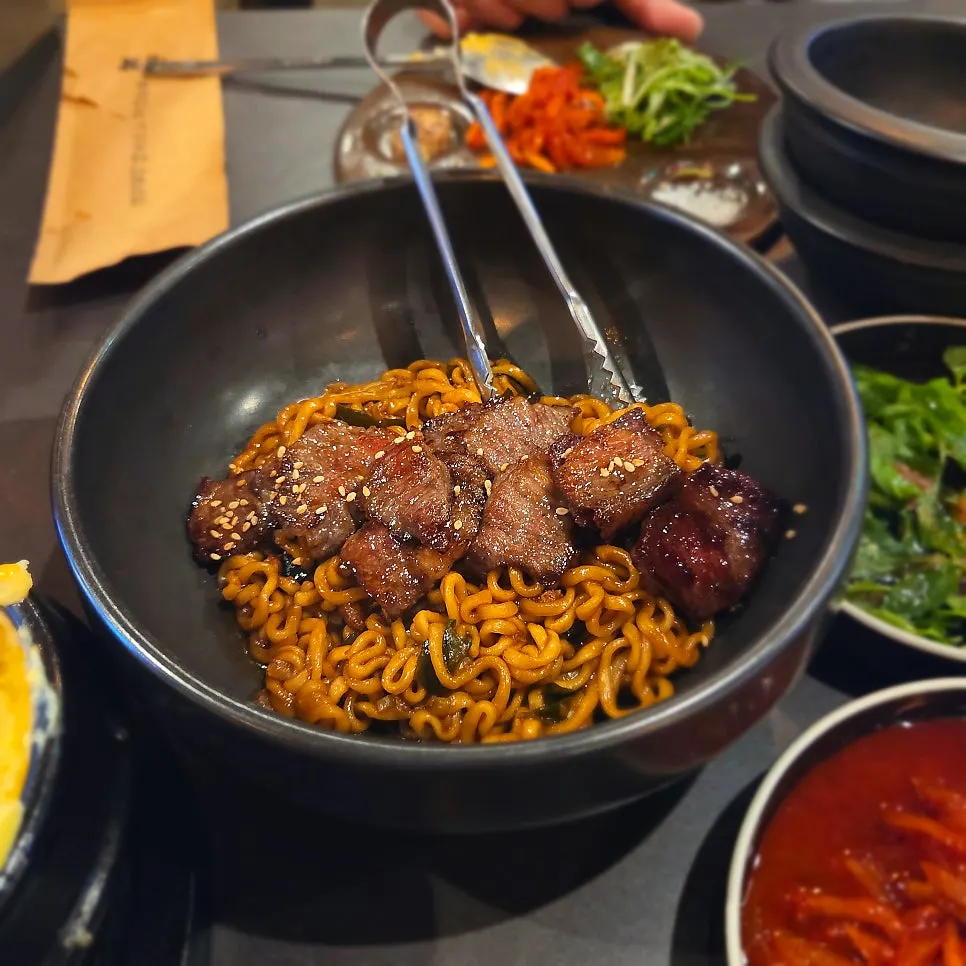 Spicy jjapaguri topped with hanwoo beef