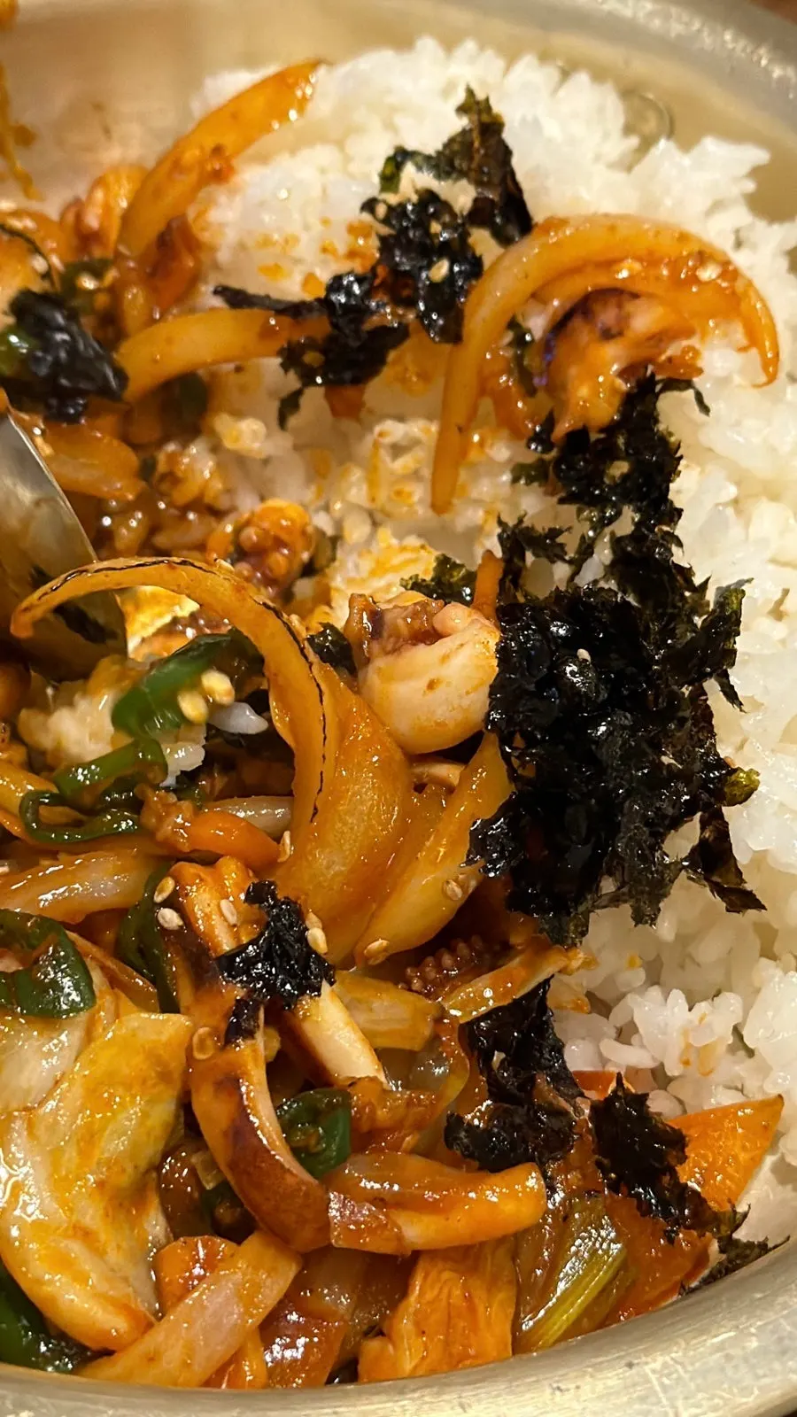 Close-up of the rice bowl piled with seasoned squid
