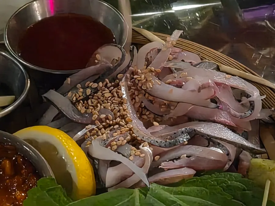 Gizzard shad sashimi with other dishes