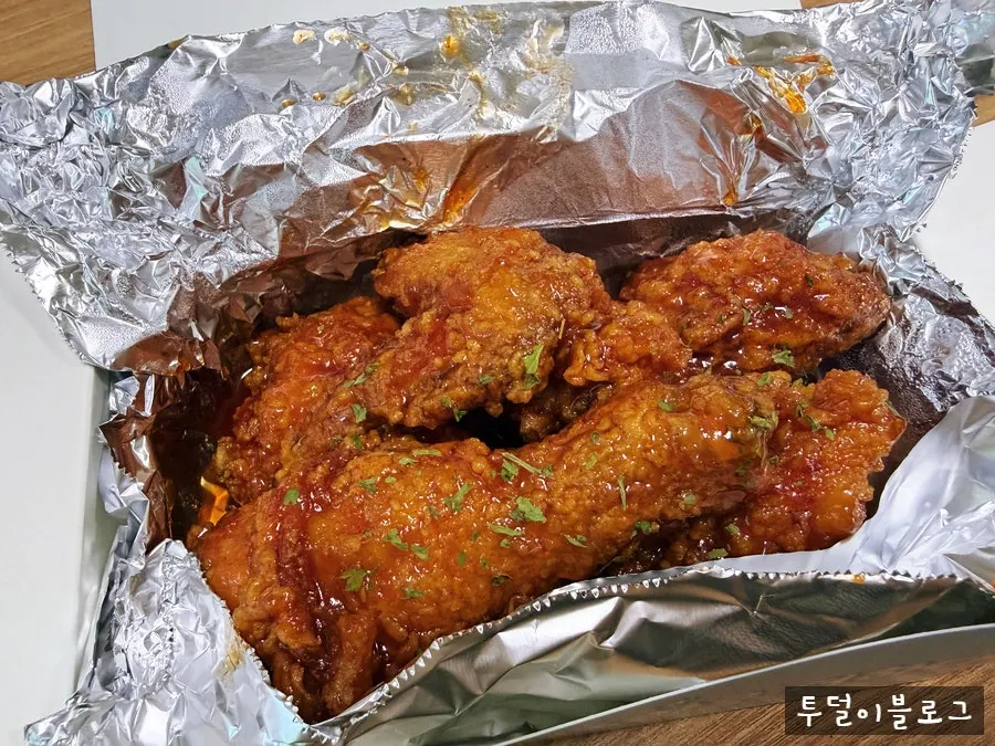 A piece of sweet-spicy seasoned chicken