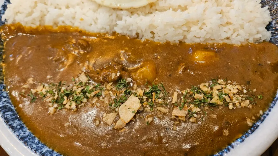 A plate with curry and rice together