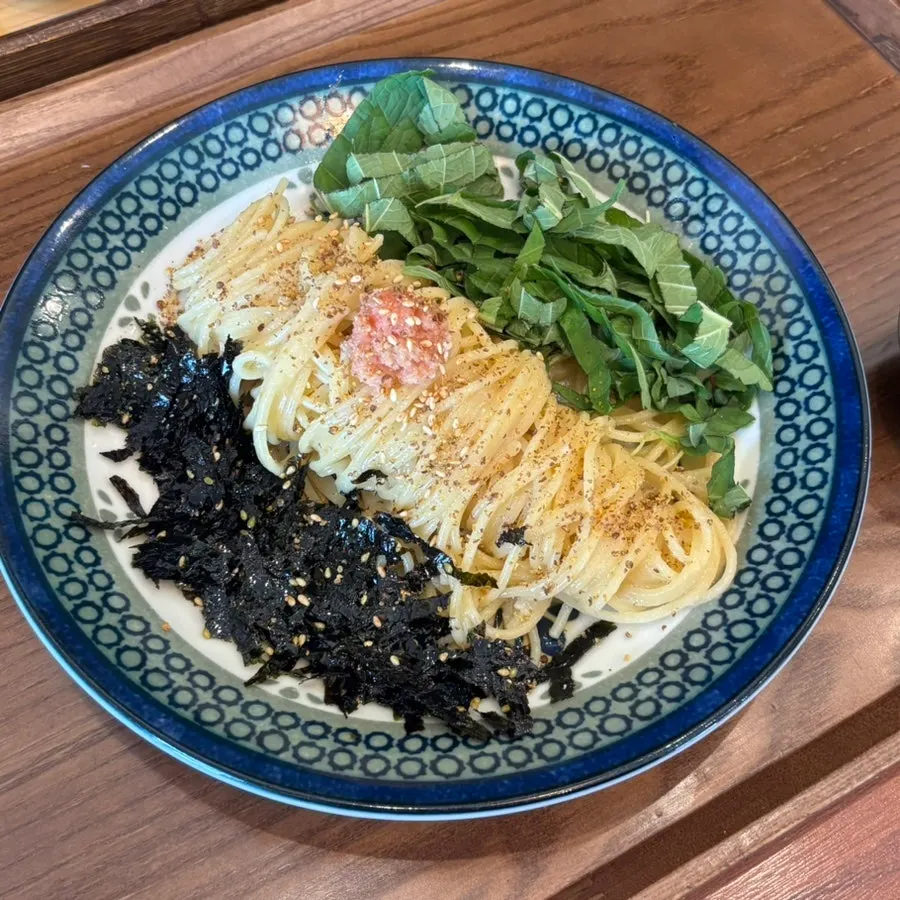Cod roe perilla oil pasta topped with perilla leaves