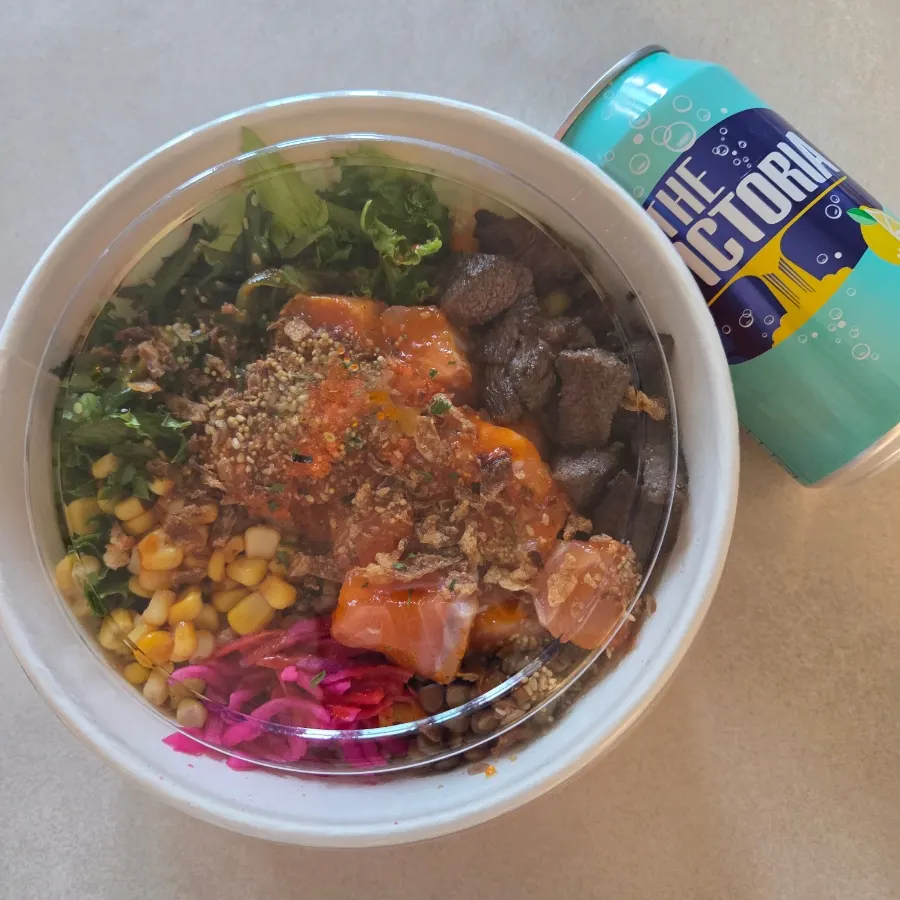 Buldak salmon and steak poke combination
