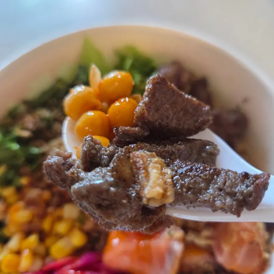 Buldak salmon poke with steak