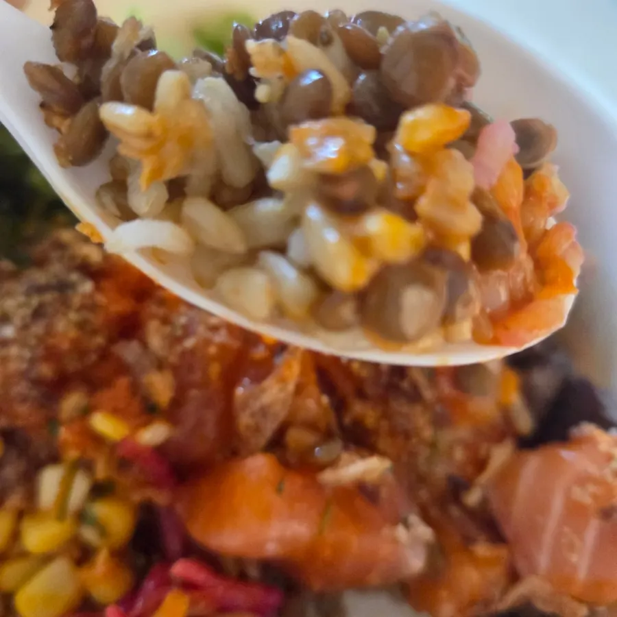 Buldak salmon poke and steak combination