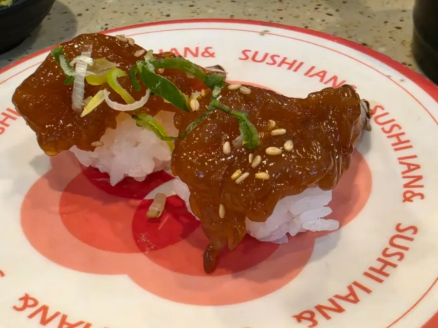 Wagyu sushi topped with beef