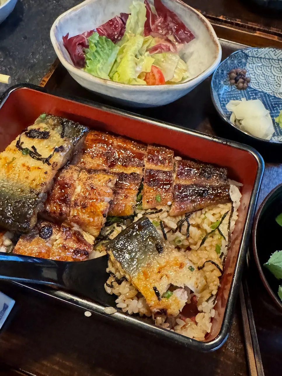 Close-up of the charcoal-grilled eel rice bowl