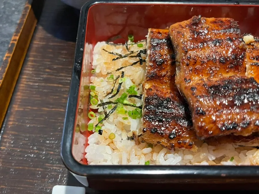 Corte del donburi mostrando el arroz con salsa y algas debajo