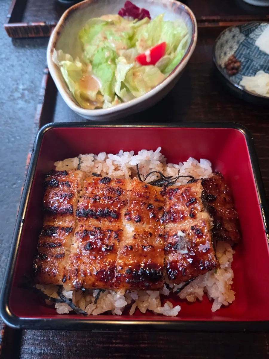 Eel rice bowl with instructions on how to eat it