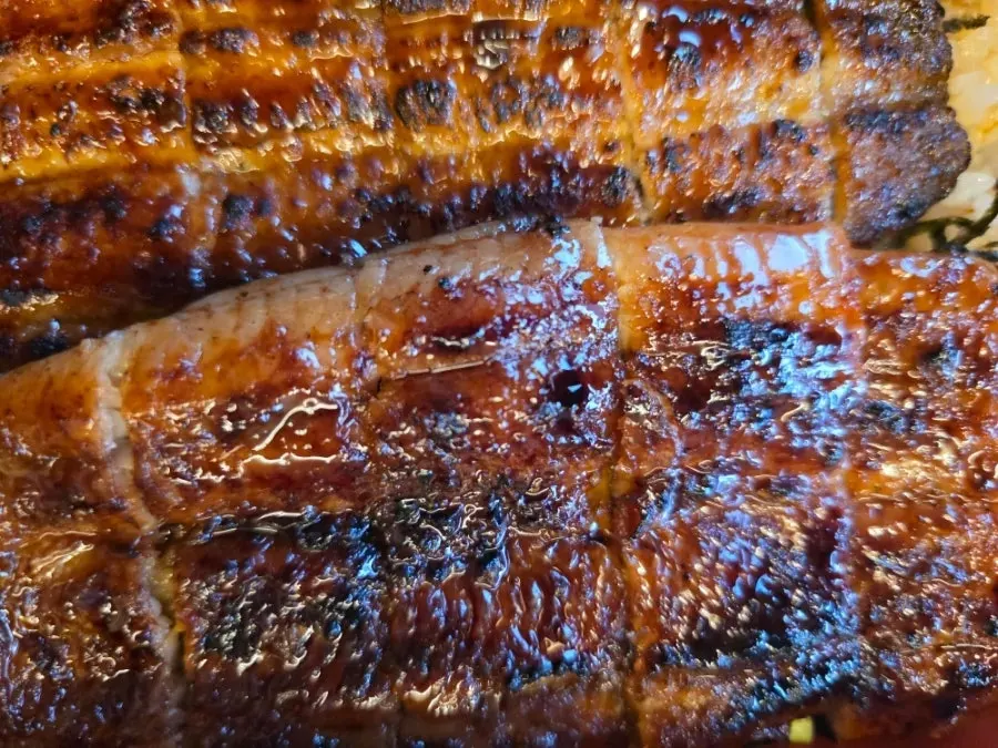 Close-up of the glossy sauce on Manmok's eel rice bowl