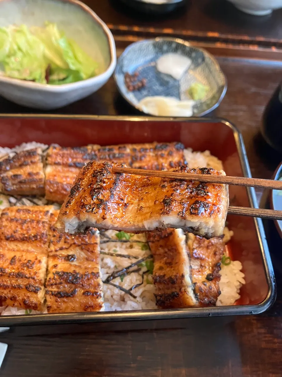 Eel rice bowl showing the balance of eel and rice