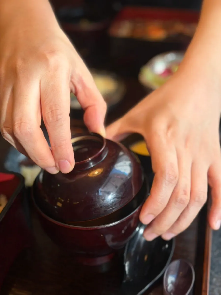 Matsutake mushroom soup with aroma released on opening the lid