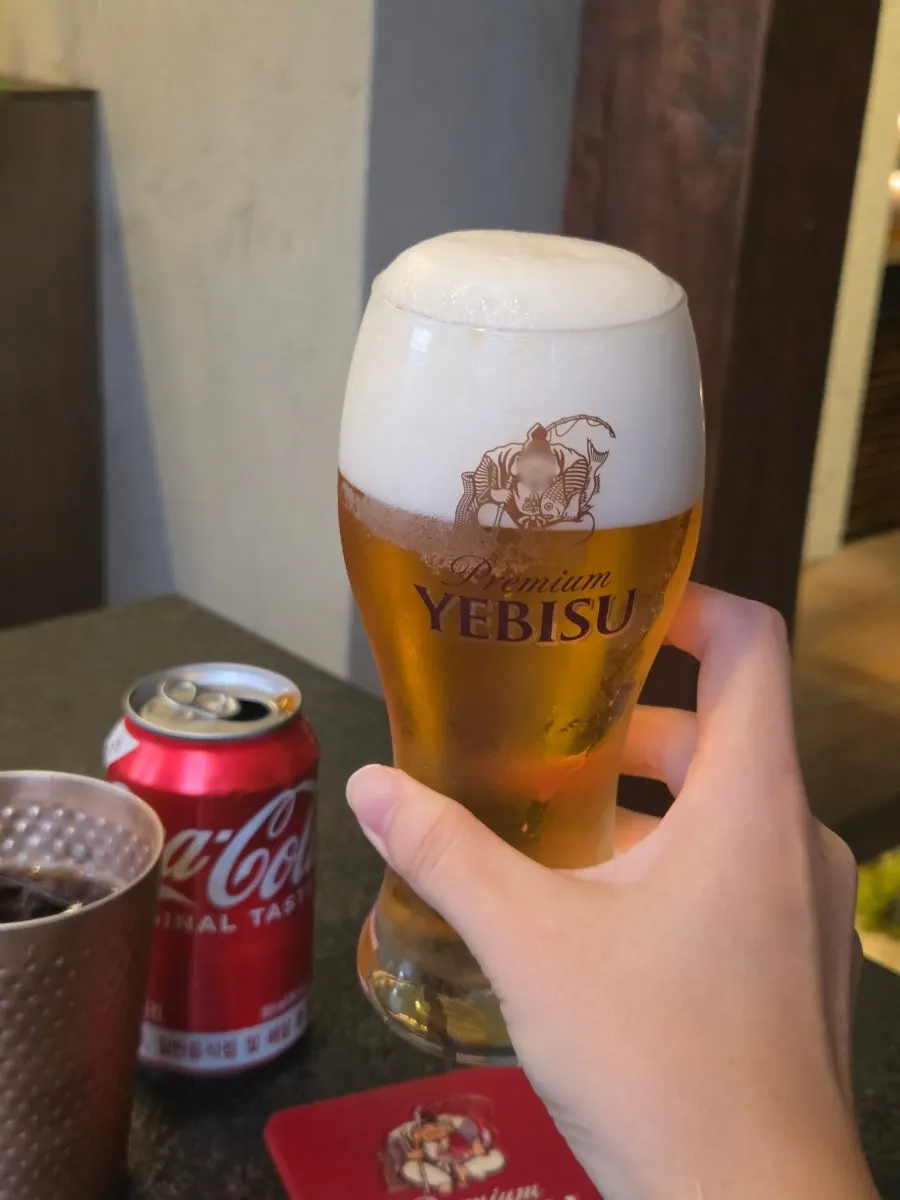 Close-up of the Yebisu draft beer glass