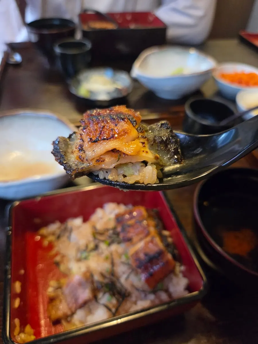 Eel rice bowl topped with wasabi