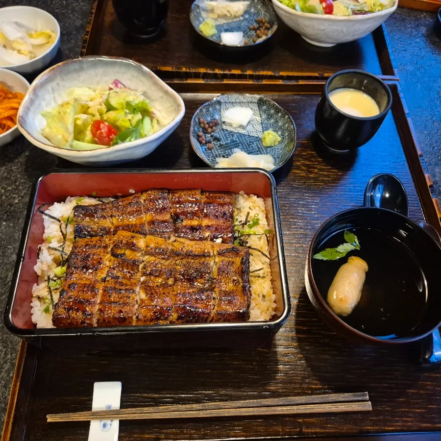 Eel rice bowl with wasabi mixed into the rice