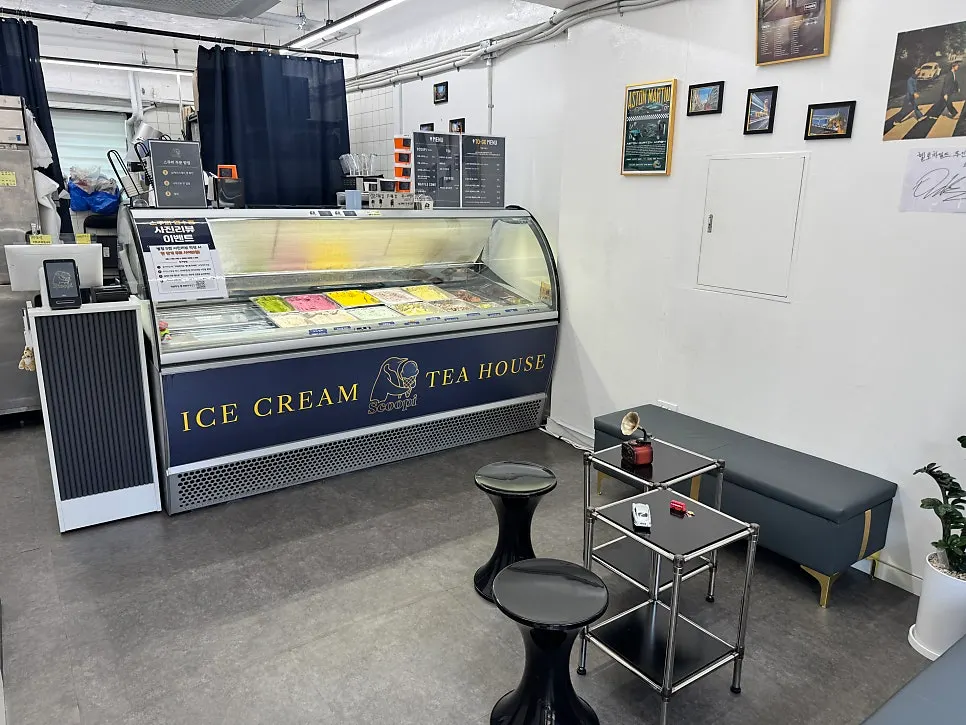 Black-toned mid-century interior of the gelato shop