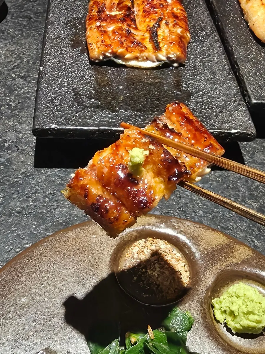 Close-up of a whole seasoned-grilled eel