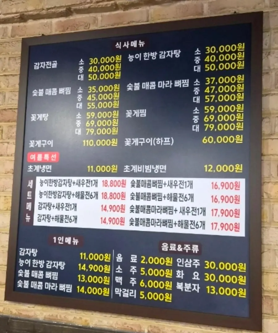 Menu board hanging on the wall at Haeseonok Seolleung Branch